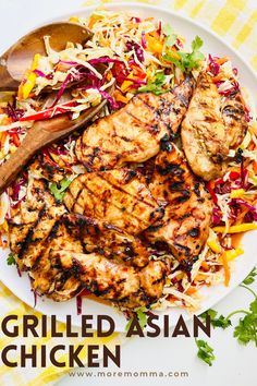 Delicious juicy grilled Asian chicken is the perfect easy weeknight meal. Bbq Asian Chicken, Asian Grilled Chicken Recipes, Asian Chicken Marinade For The Grill, Asian Chicken And Eggplant Recipes, Apple Bees Asian Chicken Salad, Mango Slaw, Asian Inspired Salad