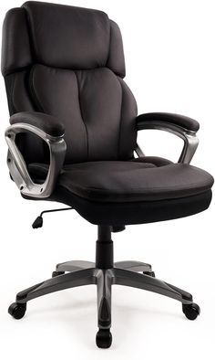 an office chair with black leather upholstered back and armrests, viewed from the front