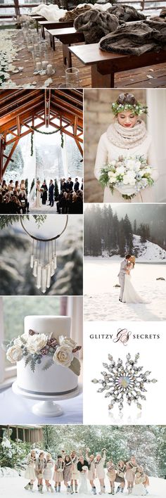 a collage of wedding photos with the bride and groom on their wedding day in winter