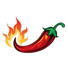 a red hot pepper with flames on it