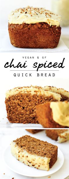 vegan gluh spiced quick bread with cream cheese frosting on top