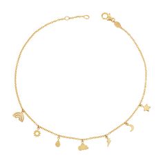 The cutest Anklet ever! Perfect for every season, dainty yet sure to make a statement in any weather. A Gorgeous 14K gold chain holds 14K gold dainty charms hanging at every half inch. Cut by state of the art laser cutting machines, each charm is made with precision. Featuring a star, moon, lightening bolt, cloud, rain Cute Anklets, Star Moon, Gold Piece, Personalized Necklace, Precious Metals, Gold Chain, The Cutest, Gold Chains, Anklets