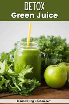 green juice in a mason jar with apples and parsley