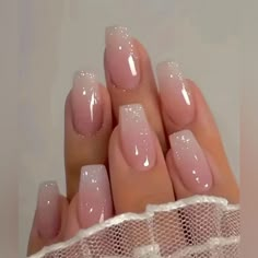 Long Pink Ombr French Manicure Coffin Tip Press On Nails Kit, Nib Neutral Coffin Nails, Nails Shimmer, Ongles Bling Bling, Bridesmaids Nails, Polygel Nails, Mega Hair, Bride Nails, Uñas Acrilicas