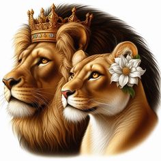 two lions with crowns on their heads and one has a flower in it's hair