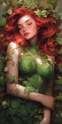 a painting of a woman with red hair and green dress