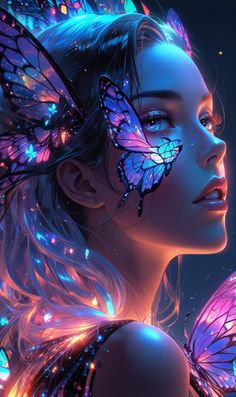 a beautiful woman with butterfly wings on her face and chest, looking at the sky