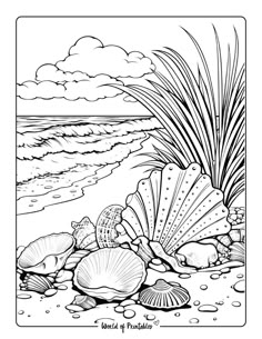 an ocean scene with seashells and palm trees coloring page for adults to color