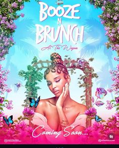 the poster for booze n'brunch featuring a woman surrounded by flowers