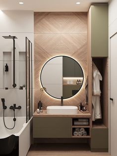 a bathroom with a sink, mirror and bathtub next to a wall mounted shower head