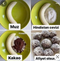 four pictures showing different types of food on plates with words in the middle and bottom