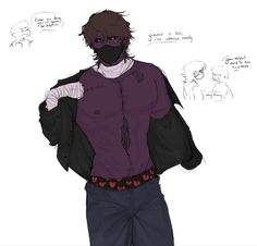 a drawing of a man wearing a black mask and purple shirt with hearts on his chest