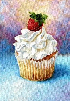 a painting of a cupcake with white frosting and a strawberry on top