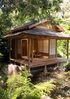 a small wooden house sitting in the middle of a lush green forest next to a pond