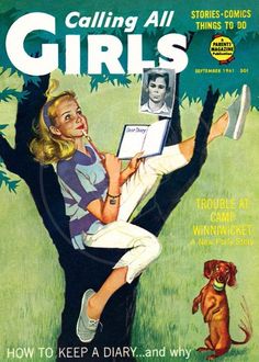 an old magazine cover with a girl holding a book in the air and a dog standing next to her