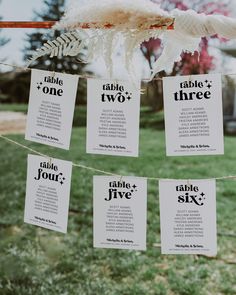 wedding seating cards hanging from a line on a string in front of some grass and trees