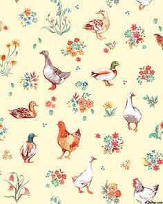 a bunch of birds and flowers on a yellow background