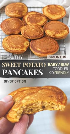 a person holding up some pancakes in front of the camera, and another image with text overlay