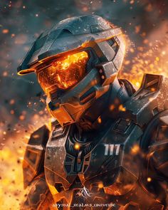 an image of a man in armor with fire coming out of his face and helmet