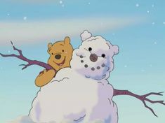 a cartoon bear hugging a snowman with a tree branch in the foreground and blue sky in the background