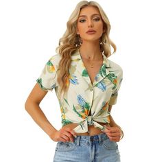 Allegra K Women's Hawaiian Floral Leaves Printed Short Sleeve Button Down Vintage Shirt Beige Large Hawaiian Shirt Outfit Women, Hawaiian Shirt Outfit, Floral Leaves, Mock Neck Blouse, Gardening Outfit, Shirts Short Sleeve, Hawaiian Outfit, Woven Top, Hawaiian Shirts