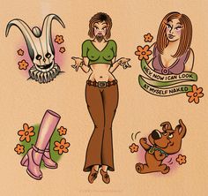 an image of a woman with tattoos on her stomach and four other cartoon characters around her