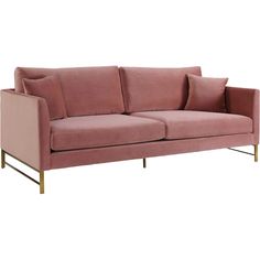 a pink couch with gold legs and pillows on it's back, against a white background