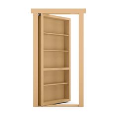 an open bookcase with no doors on the front and side shelves in light brown