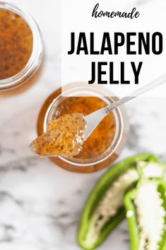 homemade jalapeno jelly recipe in glass jars with spoon