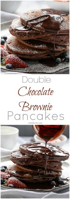 double chocolate brownie pancakes are stacked on top of each other and drizzled with chocolate