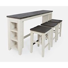 three stools and a table with shelves on each side, all in white painted wood