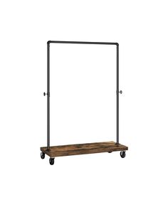 a wooden shelf with two metal bars on it's sides and one is attached to the