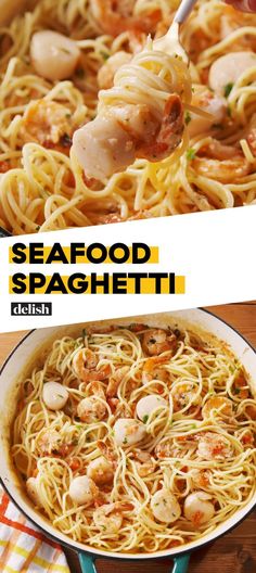 the seafood spaghetti is being cooked in a skillet and then topped with parmesan cheese