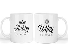 two white coffee mugs with the words hubby and wife printed on each one