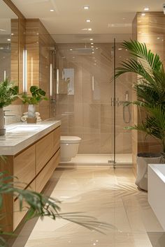 a bathroom with a plant in the corner