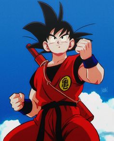 an anime character with black hair and red pants, holding his fist up in the air