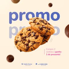 two chocolate chip cookies on top of each other with the words promo prono