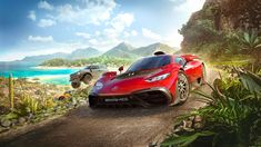 two red sports cars driving down a dirt road next to the ocean in forza horizon