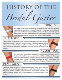 the history of the bridal garter info sheet is shown in blue and white