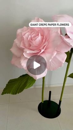 two large pink flowers in a vase with green leaves on the bottom and an ad for giant crepe paper flowers