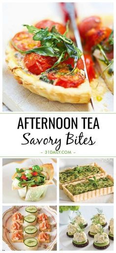 a collage of different types of food and the words afternoon tea savory bites