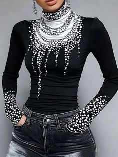 Black Friday Sale,Up To 70% Off. Buy Inexpensive T-shirts at Stylewe online store, SPU: 18T-9A1504, Color: Black-white, Theme:Spring/Fall, Edition type:Tight. Fashion For Black Women Over 50, Fashion Trends 2024 Fall Winter, All Black Western Outfit, African American Style, Fall Outfits For Black Women, Disabled Fashion, Black Blouses, Dots Clothing, Designing Clothes