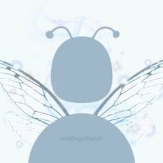 a blue and white bee with wings on it's back legs, sitting in front of a light blue background