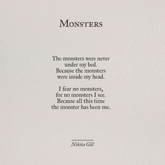 a poem written in black ink on white paper with an image of a monster and the words monsters