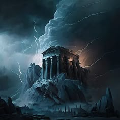 a painting of an ancient greek temple on a stormy night with lightning striking over it