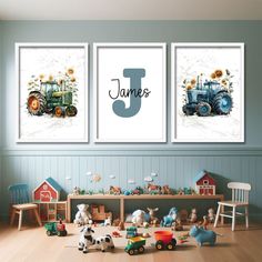 two children's pictures with farm animals on them and the letter j in blue