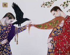 a painting of two people with birds on their heads