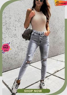 Grey Ripped High Waist Skinny Jeans Grey Jeans Outfit, Hipster Jeans, Summer Jeans, Jeans Outfit, Grey Jeans, Y2k Streetwear, Ripped Jeans, Stretch Jeans, Jeans Style