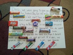 a letter to dad with candy bars on it