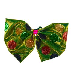 a green bow with red, yellow and green sequins on the side is shown against a white background